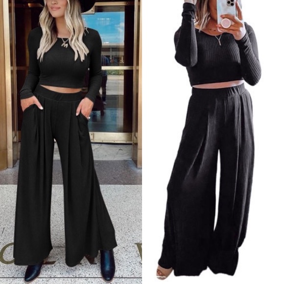 Black Knit Cropped Top & Wide Leg Pants - Picture 2 of 14